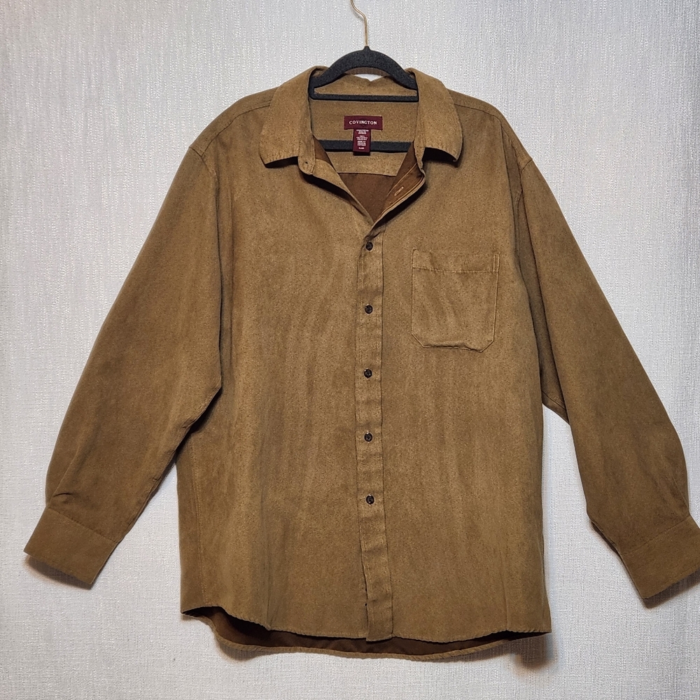 Covington Vtg Faux Suede Satin Lined Button-Up Brown Shirt Men’s XL Xtra Large